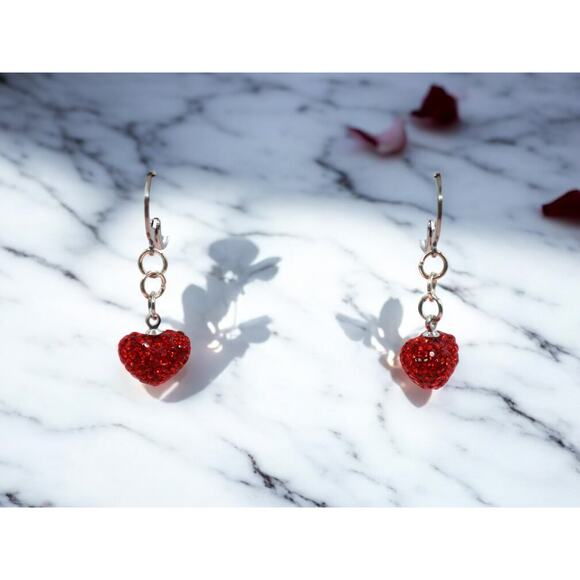 Handcrafted Huggie Hoop Earrings Featuring Red Rhinestone Hearts - Picture 4 of 9